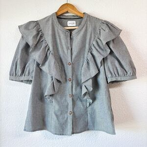 Saylor Gray White Pinstripe Puff Sleeve Ruffle Top Size Large